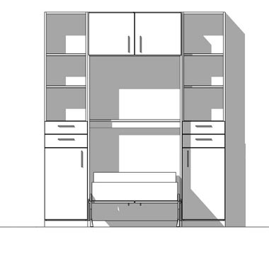 Schranbett Hochbett in Wohnwand integriert, links und rechts steht ein Regalschrank