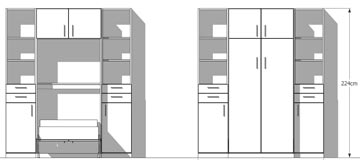 Schranbett Hochbett in Wohnwand integriert, links und rechts steht ein Regalschrank